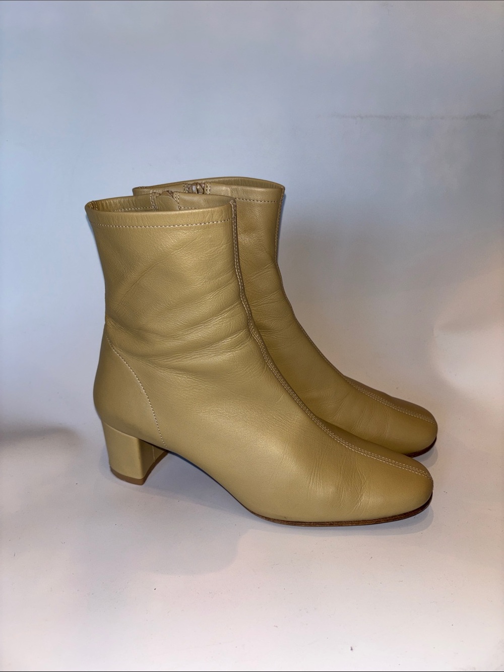 BY FAR Beige Leather Mid-Heel Ankle Boots